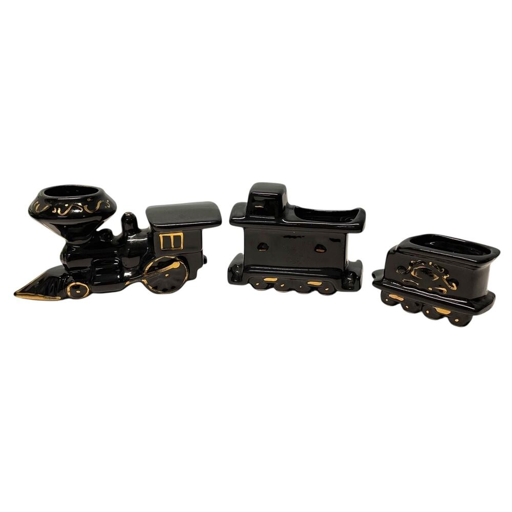 Ceramic Train Planter Black Gold Three Pieces Engine and Two Cars
